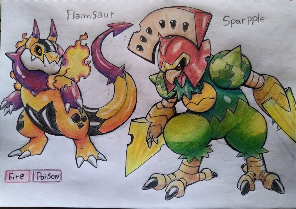 Drawing of the second evolutions of two of my starter Fakemons.