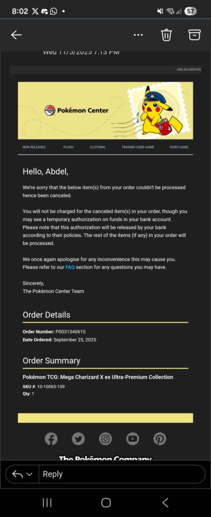 Pokemon Center Just canceled my Charizard X Ex Premium Collection Preorder