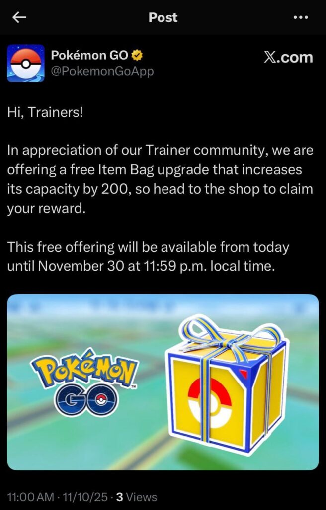 Official announcement for the additional free bag storage