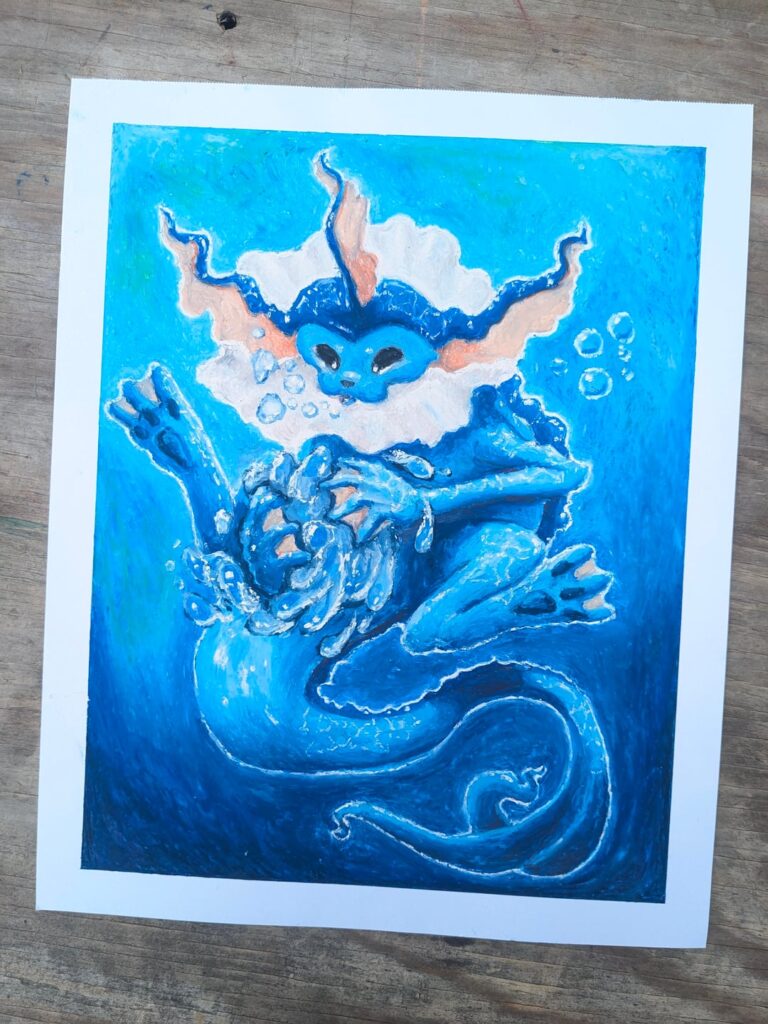 (OC) I'm an oil pastel artist who draws Pokemon! Here's my take on Vaporeon