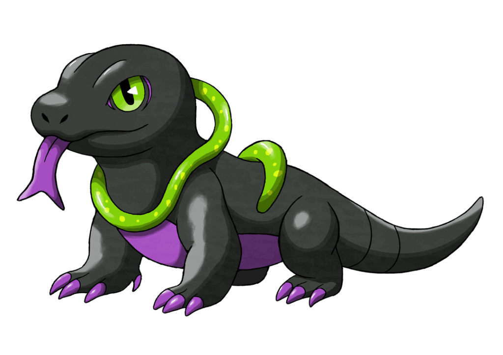 Quick two evolution line design I made. Based on a Komodo dragon. Poison/Dragon type. Any name suggestions?
