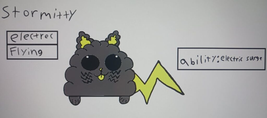 I tried to evolve this cute cat thunder cloud fakemon of mind but ended up making a Ursa Major constipation fakemon some how?