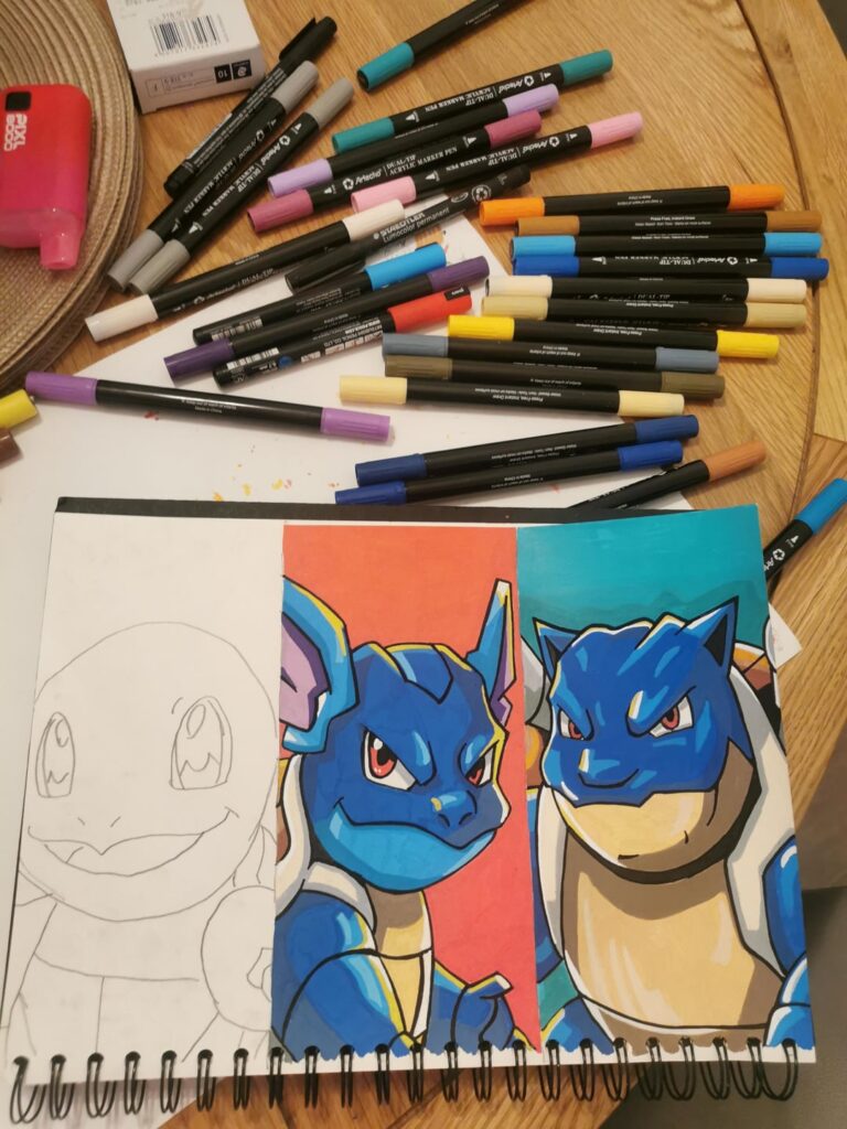 Working on my Squirtle evolution piece today 🫡💙 — and here’s my finished, framed Charmander evolution set!