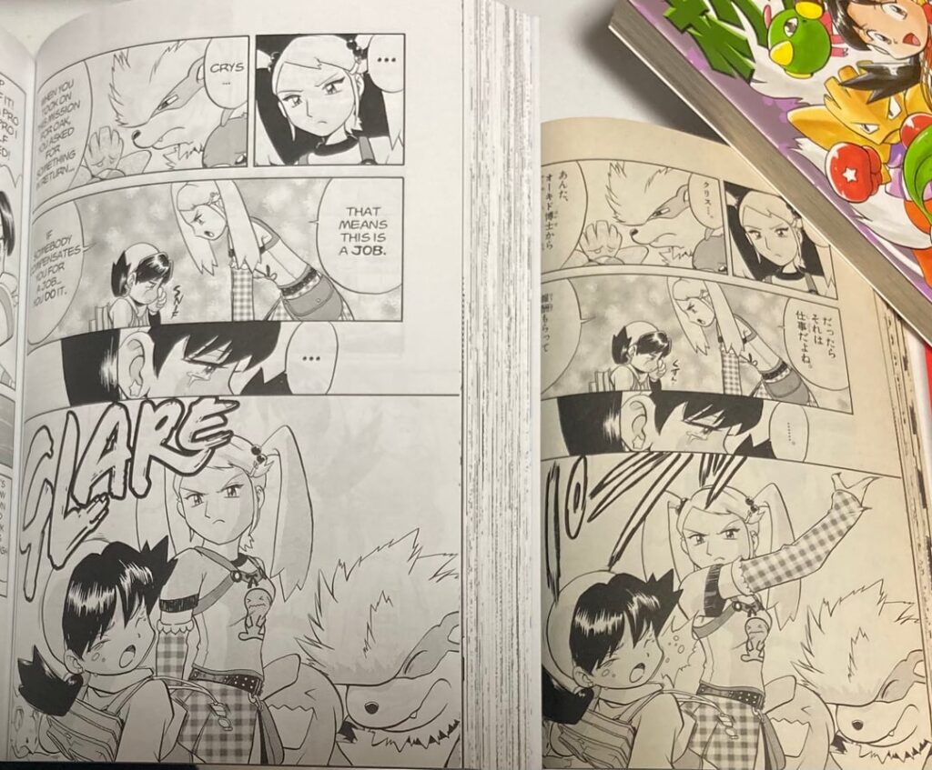 Crys being slapped by her mother and Ruby being punched by his father are censored in the American version of Pocket Monsters Special (Pokémon Adventures).