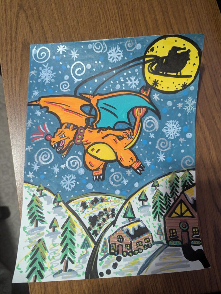 My wife drew Charizard pulling Santa's Sleigh