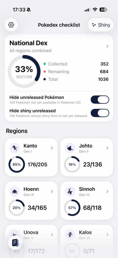 Full Pokédex checklist with all released mons in Pogo (and all shiny released)