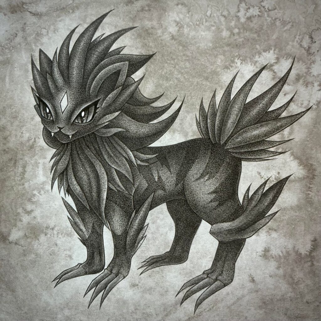 Weavile/Arcanine fusion, pen/watercolor/pencil
