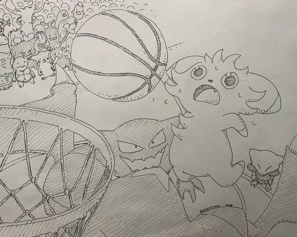“Espurr dunking on a garchomp”, by me