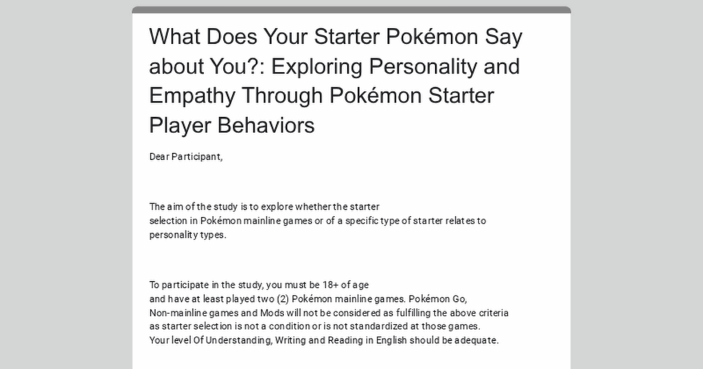 What Does Your Pokémon Starter Say About You? Exploring Personality and Empathy Through Pokémon Starter Player Behaviors