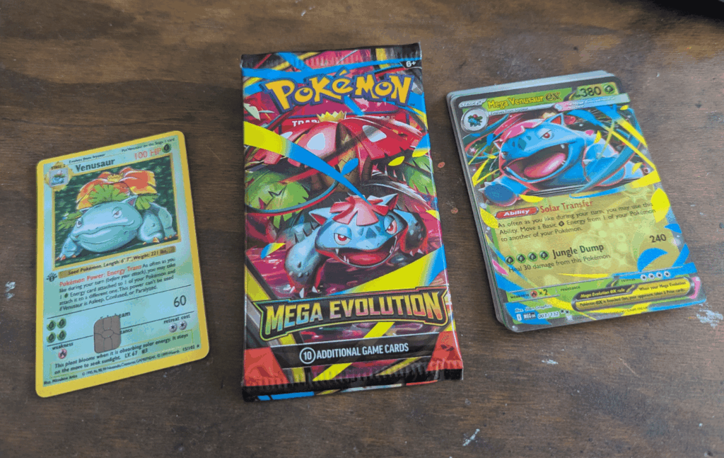Used my credit card (left) to buy the last pack at the Pokémon Center (middle) and just happened to pull the best boi (right)
