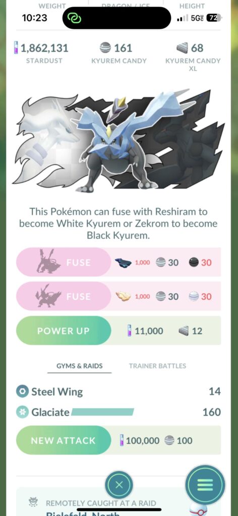 How does one acquire fusion energy first time getting reshiram and kyurem?