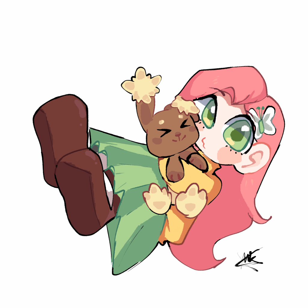 Fluttershy and buneary. She would be a Pokémon caretaker.