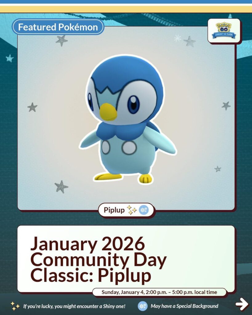 January 2026 Community Day Classic: Piplup Niantic Infographic