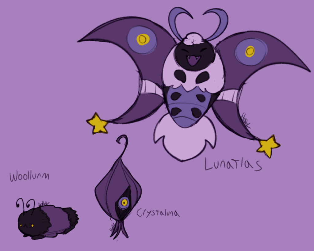 Hello! I'm remaking the first Pokemon region I ever made when I was 13. This is the regional bug, based on woolly bear caterpillars, moths, and moons! Bug-Dark type.