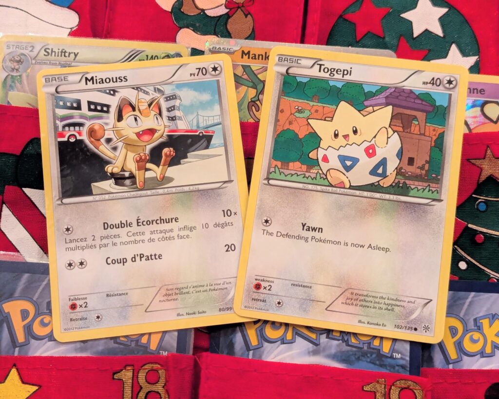 Day 15 of the DIY cheap advent calendar: the 2 non-Pikachu Pokémon with the most anime screen time -Meowth (Next Destinies) & Togepi (Plasma Storm)