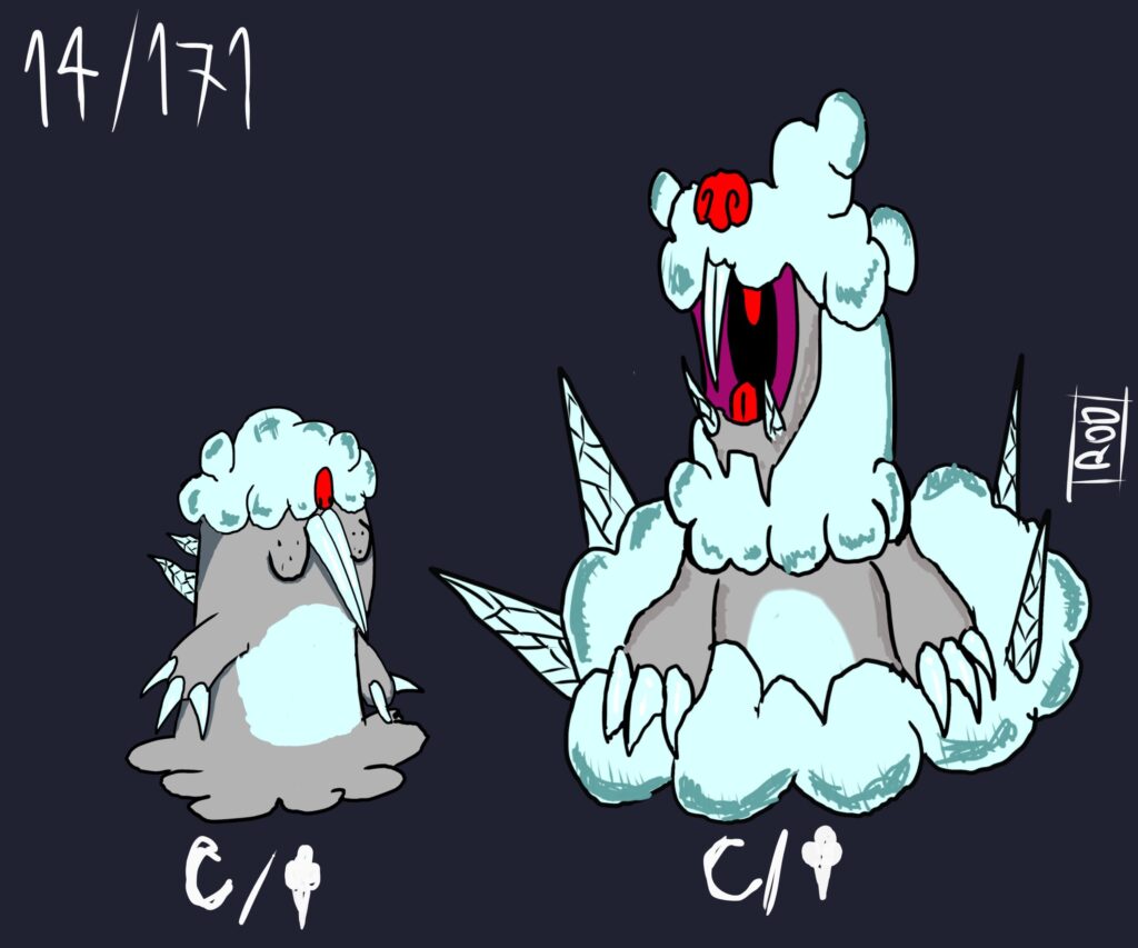 Mole rats, covered in a layer of ice that obscures their eyes, sometimes attack their companions, causing injuries. Dark and ice.