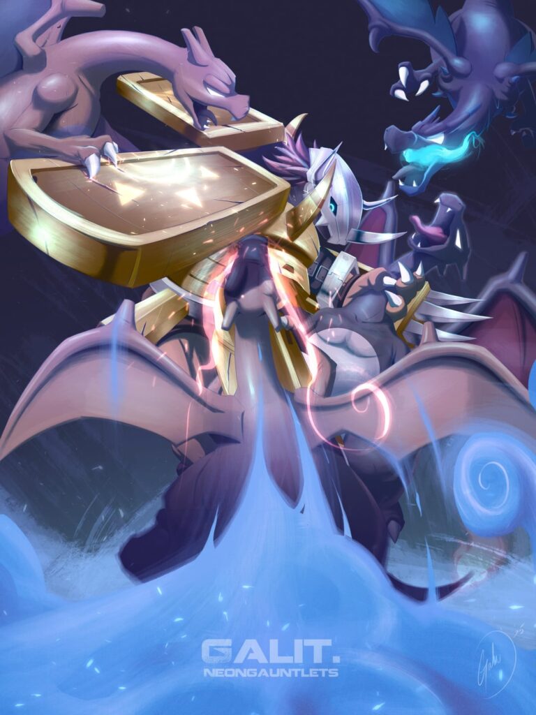 (OC) fanart drawing. Wargreymon vs. Horde of Charizard.