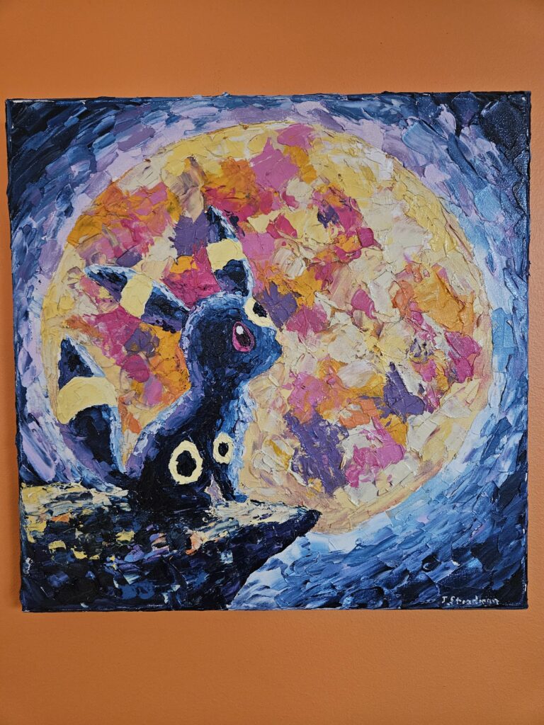 Umbreon looking at the moon. Acrylic on canvas 12" x 12".