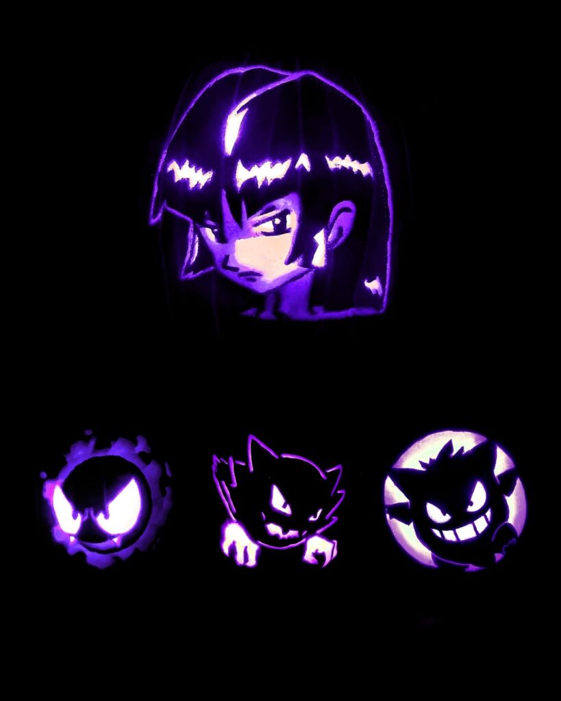 Sabrina’s House of Horror — my Ghost-type pumpkin set carved across 3 years 👻🎃