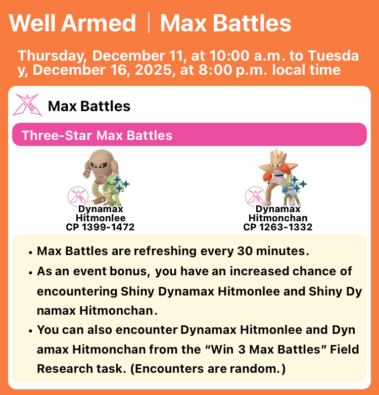 Well Armed｜Max Battles｜Thursday, December 11, at 10:00 a.m. to Tuesday, December 16, 2025, at 8:00 p.m. local time(TIER3: Dynamax Hitmonlee,Dynamax Hitmonchan)