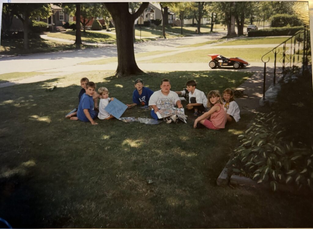 1990s Renaissance Painting- photo my mom took summer 1999 of me and the neighbor kids with our Pokemon cards