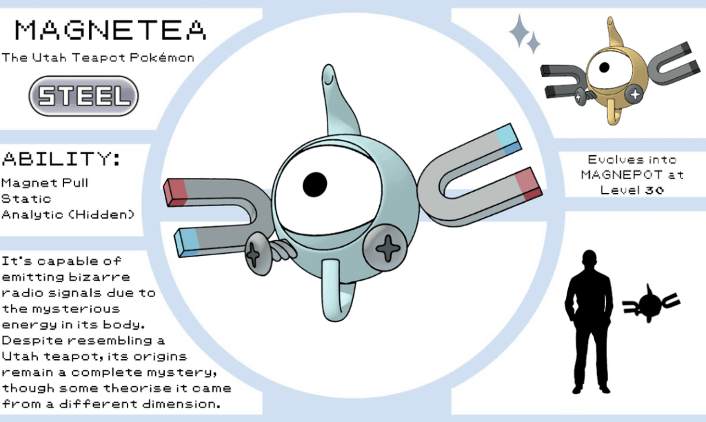I modelled a Magnemite/Utah teapot hybrid in Blender, and used GIMP to create a Pokedex entry for it. This is also a remake of a render I did last year (third image).