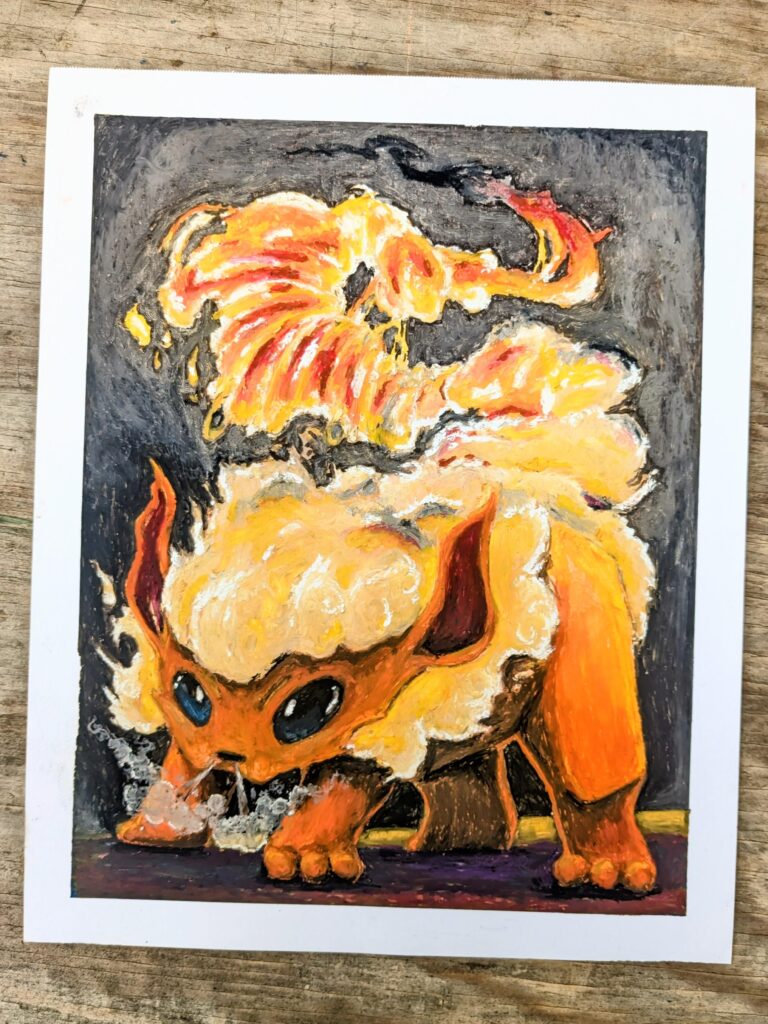 (OC) I'm an oil pastel artist working through the Kanto Pokedex! Here's Flareon