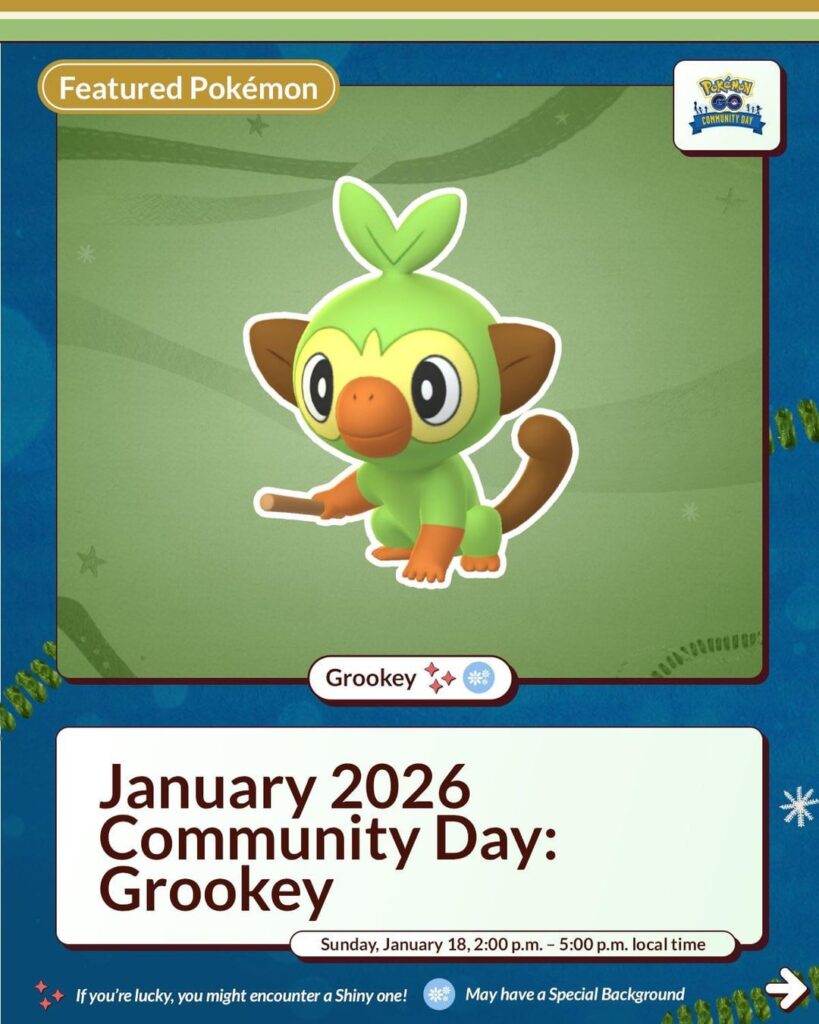 January 2026 Community Day: Grookey Niantic Infographic
