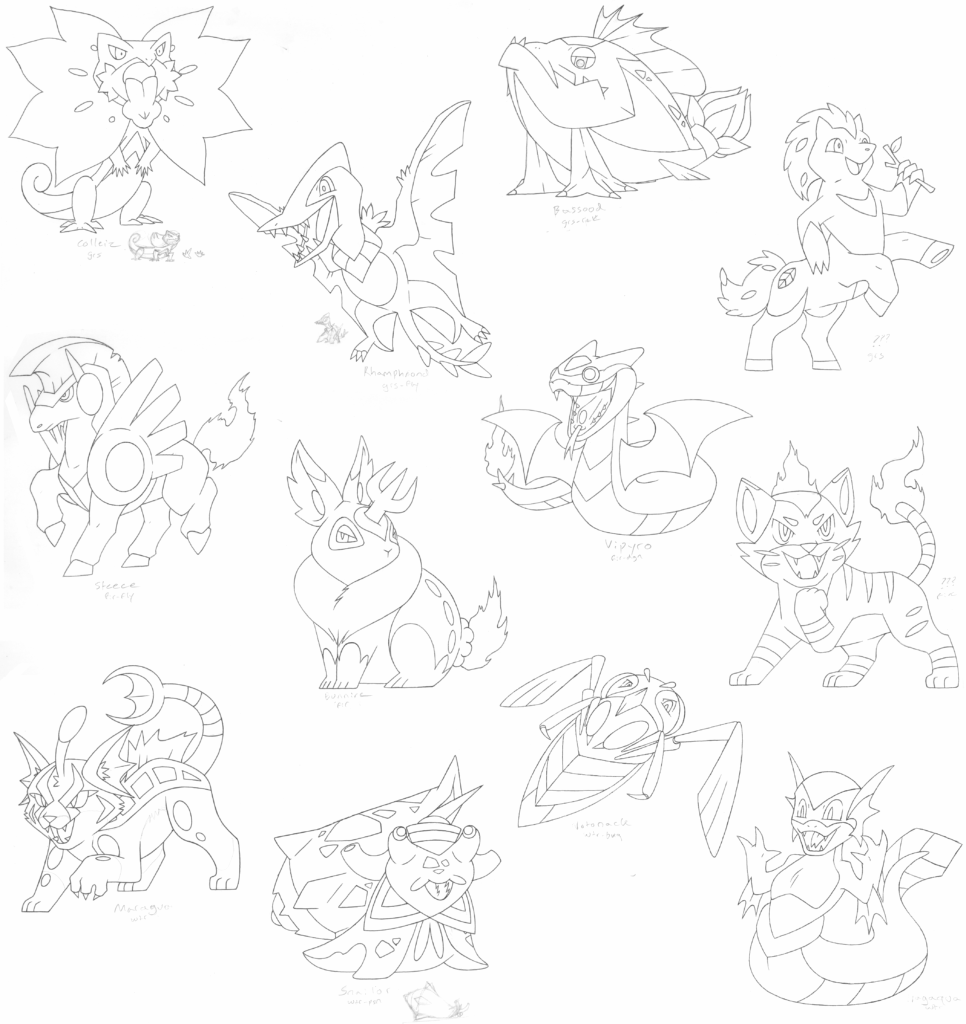 Remade all of my starters, after about 15 years. Also designed some for a friend of mine (so four regions total). Looking for some feedback before the final coloring process. Top row grass, middle fire, bottom water. Column 1 Ferros Region, column 2 Acerbies, column 3 Naraht, and column 4 friend's