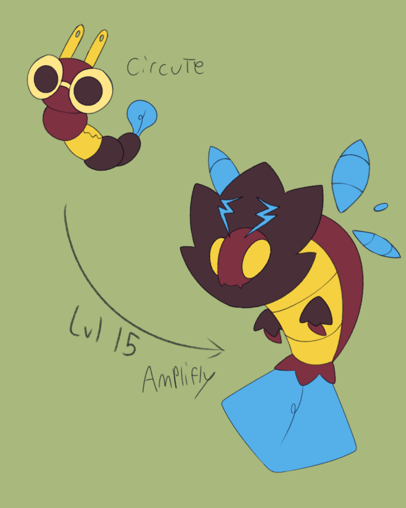 Another bug line for my region remake! Meet Circute and Aplifly, bug-electric type and pokemon used by my second gym. Based on glow worms, fireflies, electrical equipment, and of course, light bulbs!