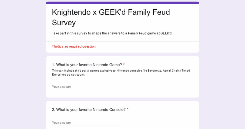 I made a survey for a Nintendo Family Feud  at a local card shop and would love some more responses to help make the data better! Would you mind filling it out?