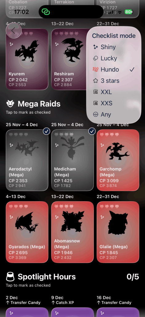 [UPDATE] Hundo, Lucky, 3-Star, XXL/XXS checklists added to my PoGo event tracker