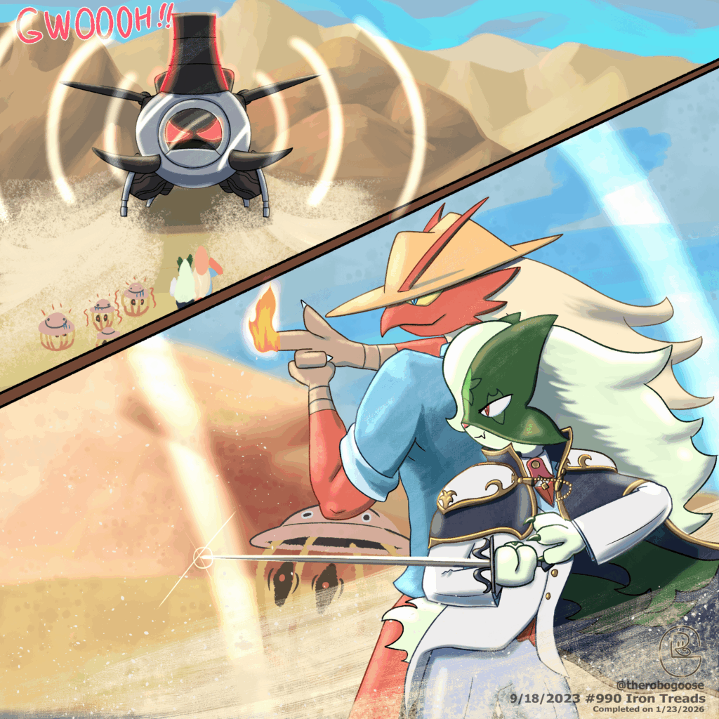 (OC) Blaziken and Meowscarada vs Gargantuan Iron Treads