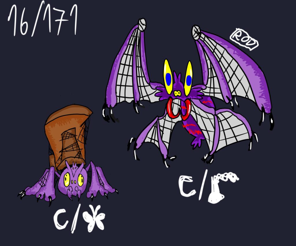 Flying vampire spider. It starts as a creature that lives in shoes and becomes a winged hematophagous creature, using its legs and web as wings. . Dark and bug (pre) and dark and poison (evolution).