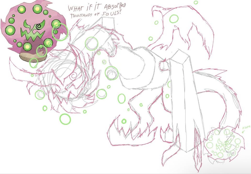 Here’s a sketch of a pokemon I intend to make, its name is “atacomb” (atman is a term for a spirit and a catacomb is a really big tomb)