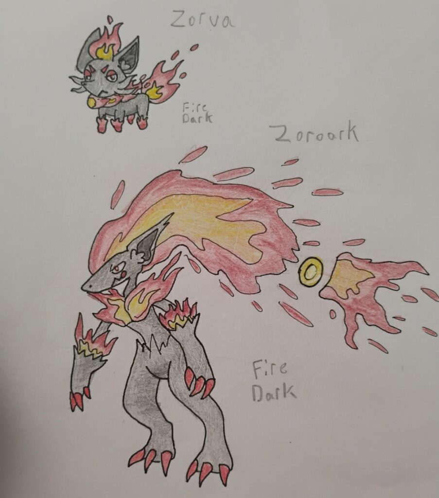 I had a dream of a fire type zorark that burns down towns so I decided to draw them :D (OC)