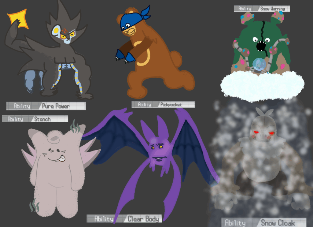 Drew my team from nuzlock with randomized abilities. (Pokemon Black randomized)