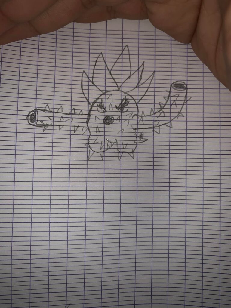 an extremely badly drawn fakemon i came up with in class, it’s supposed to be a metallic cactus that shoots metal spikes from it’s canon arms, it’s grass/steel