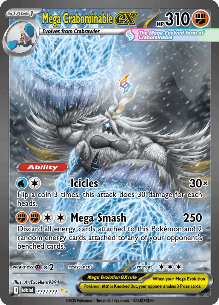 someone posted some fanart of mega crabominable on a different subreddit, but as i was making a custom card for it, the post got removed, so i'm posting the card here hoping it'll reach them