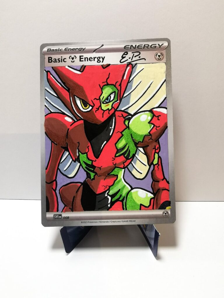 My hand painted Split Evolution – Scyther × Scizor fusion Energy card. 🎨 (OC)