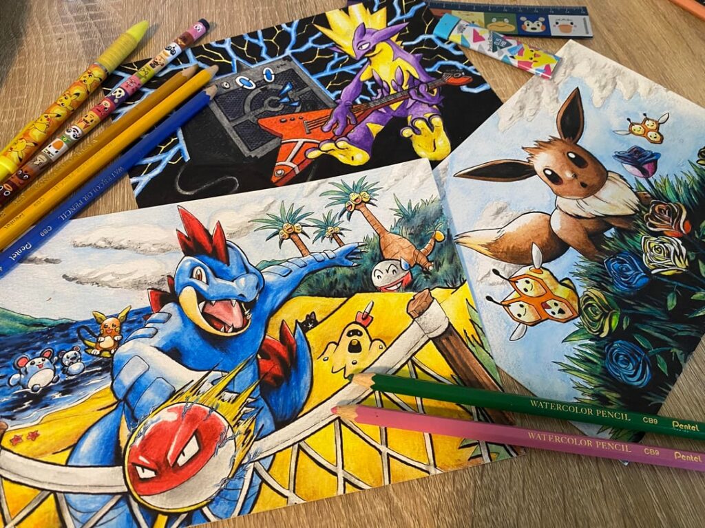 [OC] Feraligatr, Toxtricity, & Eevee (watercolour pencil)