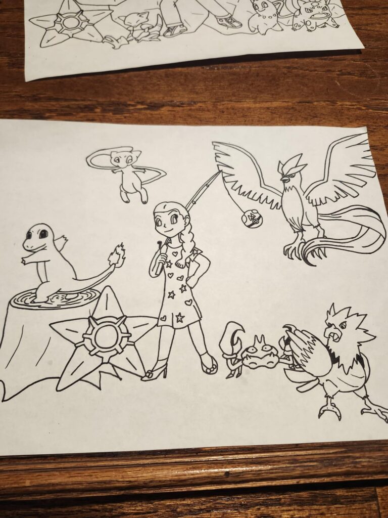 Told my kids I would draw them as pokemon trainers for them to color