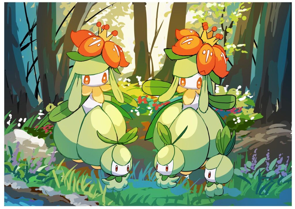 Lilligant along with their Petilil children (Art by @hazikamiio on X)