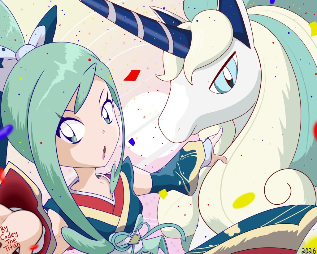 [OC] To celebrate the Year of the Horse! 🦄 I made Fan Art of Lisia and Her Shiny Galarian Rapidash ✨