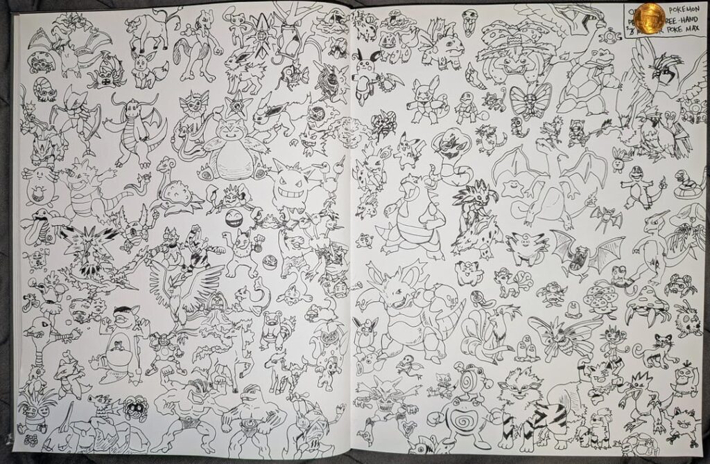 The original 151 Pokemon, doodled in my sketchbook (penny for scale)