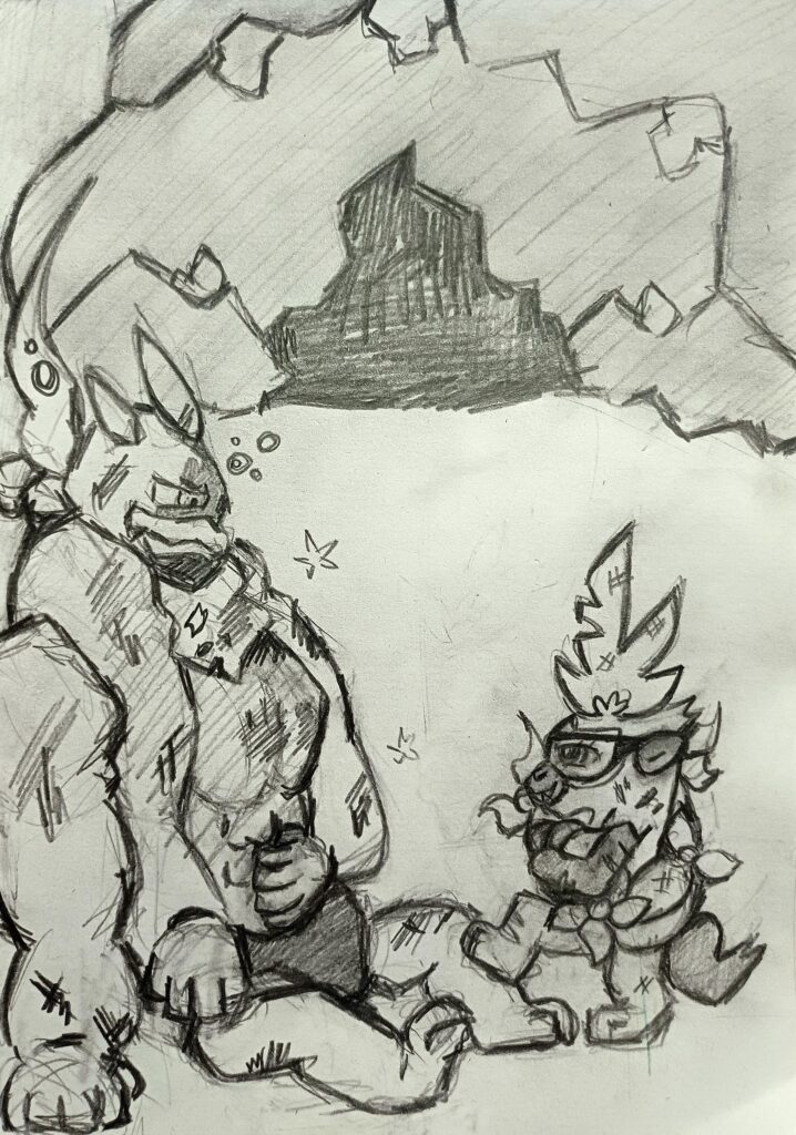 Made a sketch to practice poses a little. Its a scene from my PMD fanfic. Maybe gonna color it later too. So far it made me realise that in comic form it would look cursed a lot of the times.