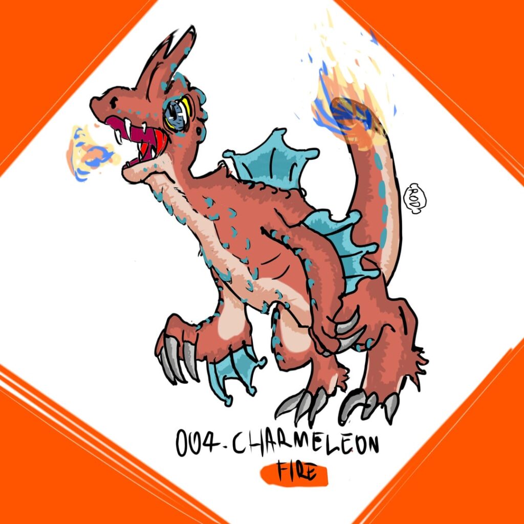 Charmeleon (redesign). The evolution of Charmander. With a much more aggressive and rebellious personality than its younger siblings, it seeks battles to test its claws and flames. Its wings are beginning to develop.