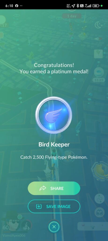 Today, I became a Bird Keeper🐦 in PokemonGo and earned a platinum medal. 🏅