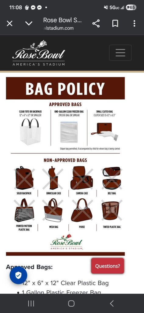 Kalos Go Tour - Rose Bowl Backpack Policy?