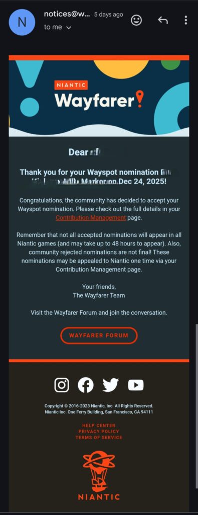 Approved wayspot but not appearing in game.